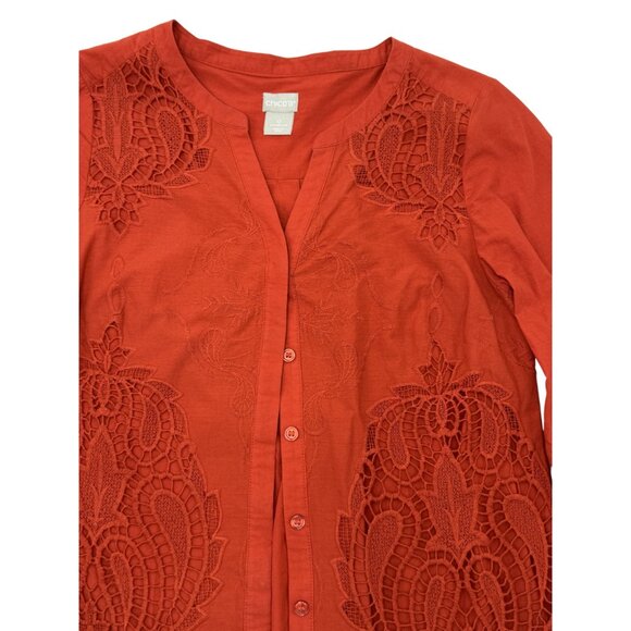 Chico's Rust Red Lace Embroidered Crochet Bell Sleeve Tunic Top Womans Size 0 - Picture 6 of 8